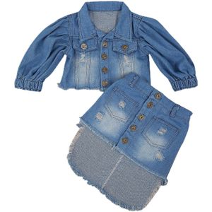 2Pcs Fall Kids Tweedelige Kleding Set Blauwe Bladerdeeg Mouw Open Voorzijde Denim Jas + Onregelmatige Zoom rok Peuter Infant Outfit