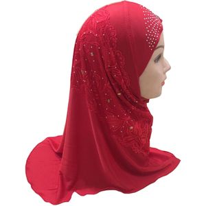 Kant Applique Moslim Praktische Kids Hijab Cap Met Rhinestone Islamitische Meisjes Amira Cap Klaar Te Dragen Sjaal voor Leeftijden 2 -7 hoofddeksels