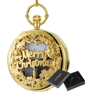 Creatieve Muziek Horloge Hollow Vrolijk Kerst Musical Zakhorloge Quartz Fob Ketting Hanger Klok Gelukkig Nieuwjaar