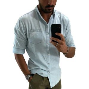 Mannen Shirt Casual Lange Mouwen Dunne Ademend Katoen Denim Shirts Cowboy Lente Herfst Strand Shirts Plus Size 3XL Blauw tops