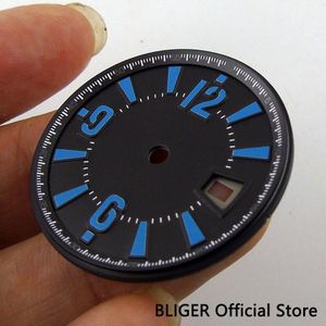 BLIGER 31.5mm Zwart Steriele Wijzerplaat Blauw Marks Datum Venster Horloge Dial Fit ETA 2836 MINGZHU 2813 4813 Automatische Beweging d43
