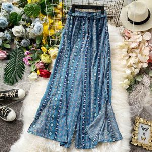 Mode Korte Etnische Stijl Palazzo Broek Casual Boog Hoge Taille Broek Chiffon Koreaanse Pocket Print Open Side Split Broek