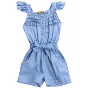 LENTE Zomer AMERIKAANSE Stijl Meisje Jumpsuit Leuke Zoete Mode Gewassen Jeans Denim Romper Jumpsuits Bandjes Korte Broek Cowboy Blauw