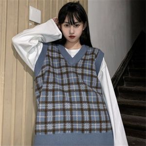 Retro Blauwe Gebreide Vest Vrouwen Top Fall Koreaanse Casual Losse V-hals Plaid Trui Mouwloze Vrouwelijke Preppy Stijl Gilet YYQX55