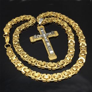 Jesus Cross Hanger Ketting Rvs Heren Womens Sieraden Byzantijnse 8.5mm Chain Poplular Christian Colar Sliver/Goud Kleur