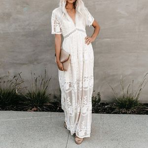 Zomer Boho Vrouwen Maxi Jurk Losse Borduren White Lace Lange Tuniek Strand Jurk Kleding