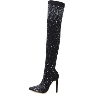 NIUFUNI Dame Over De Knie Laarzen Rhinestone Crystal Bling Thight Laarzen Hoge Hak Schoenen Vrouwen Sok Comfort Elastische Party Schoenen