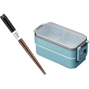 1 Pairs Japanse Natuurlijke Houten Eetstokjes Zwart & 1 Pcs Magnetron Bento Box Tarwe Stro Kind Lunchbox Blauw