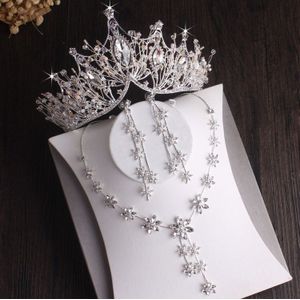 Barokke Verzilverd Crystal Leaf Bridal Sieraden Sets Strass Crown Tiara Choker Ketting Earring Afrikaanse Kralen Sieraden Set