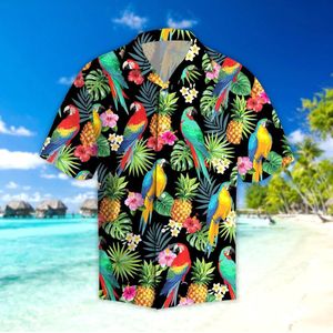 Zomer Strand Korte Mouw Shirts Papegaaien Ananassen Hibiscus Bloemen 3D Gedrukt Hawaii Shirt Mens Harajuku Casual Shirt