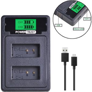 Powertrust EN-EL20 EN EL20A LCD USB Dual Charger Met USB Kabel & Type C Poort Voor Nikon Coolpix P1000 Nikon1 j1, j2, J3 Nikon1 AW1