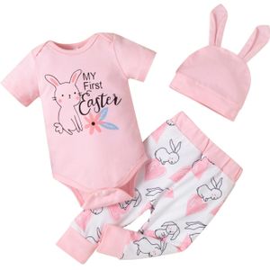 2022 0-18M Baby Meisje Kleding Mijn Eerste Pasen Brief Print Korte Mouw Ronde Hals Romper + Cartoon bunny Harembroek Zomer 3Pcs