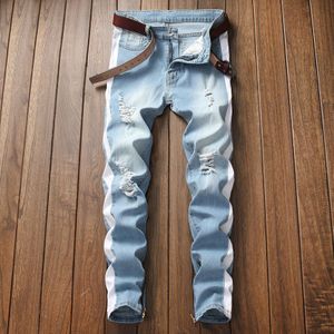 Mannen Stretch Jeans Side Streep Biker Jeans Denim Ripped Knie Gaten Slim Avondmaal Skinny Hip Hop Jeans Mannen