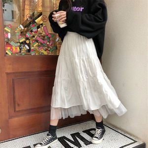 Lange Tulle Midi Rokken Vrouwen 2022 Herfst Elastische Hoge Taille Mesh Tutu Geplooide Rokken Vrouwelijke Zwart Wit Lange Rok Streetwear