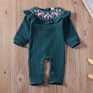 Pasgeboren Kids Baby Meisje Kleding Bloem Borduren Verstoorde Romper Donkergroen Jumpsuit Peuters Warm Winter Herfst Outfit