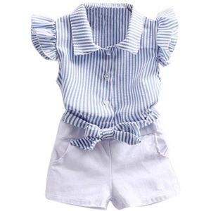 Zomer 2 3 4 5 6 7 810 Jaar Tiener Jong Kinderen Meisje Katoenen Gestreepte Fly Mouw + wit Shorts 2 Stuk Outfits Pak Sets