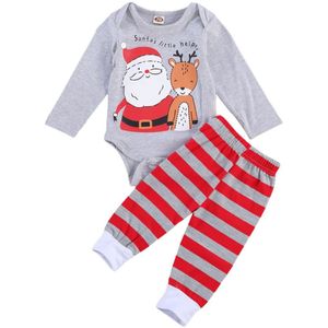 2 Stuks Baby Boy Kleding Cartoon Kerst Print Lange Mouwen Jumpsuit En Streep Elastische Lange Broek