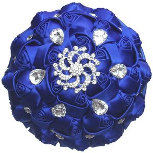 Wifelai-Een Prachtige Bruiloft Bloemen Royal Blue Zijden Lint Rose Bruidsboeketten Holding Bloemen Met Crystal Buque De Noiva w291