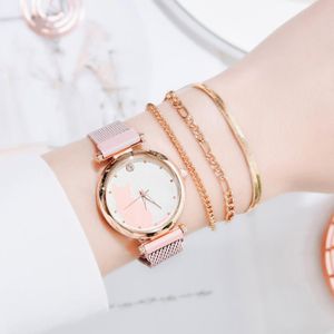 4Pcs Vrouwen Set Horloges Luxe Jurk Magnetische Kat Patroon Roze Dames Polshorloge Armband Horloge Relogio Feminino