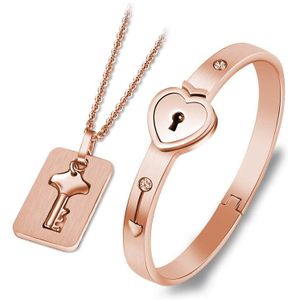 Zwart/Goud Rvs Sieraden Sets Hart Liefde Slot Armband Sleutel Ketting Voor Koppels Set Voor Vrouw Zirkoon Bruiloft