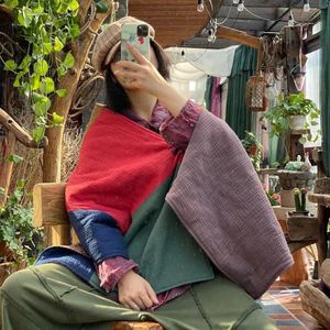Johnature Vrouwen Dikker Effen Patchwork Vintage Wraps Mode Winter Sjaals Vrouwelijke Katoen Vrouwen Retro Wraps