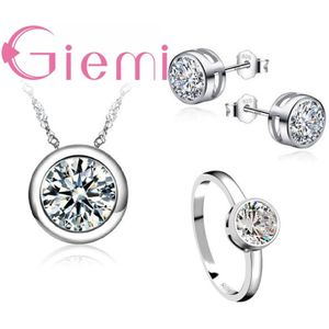 Trendy Classic Vrouwen Engagement 925 Sterling Zilver Glanzend Cz Wedding Ketting/Earring/Ring Sieraden Sets Voor Vrouwen