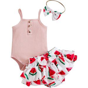 Baby Meisje Kleding Kinderkleding Sets Baby Solid Geribbelde Jarretel Bodysuit + Fruit Print Shorts 2 Stuks Set Peuter Outfits