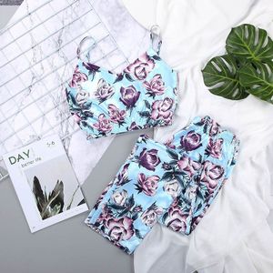 Herfst Paars Rose Tweedelige Set Top En Broek Zomer Sexy Pyjama Patroon V-hals Mouwloze Print Satijn Pyjama Vrouwen Nachtkleding