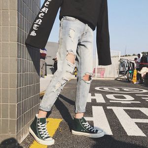 Lappster Skinny Jeans Mannen Geript Gat Streetwear Heren Distressed Jeans Slim Fit Man Blauw Denim Broek