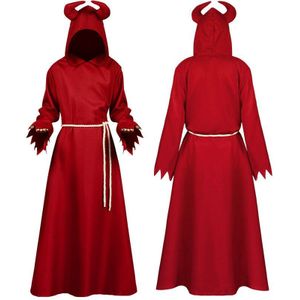 Halloween Grim Reaper Cosplay Mantel Kostuum Middeleeuwse Hooded Polyester Hooded Rode Hoorn Carnaval Cape