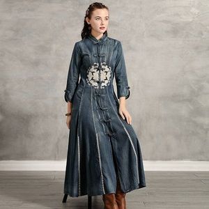 Jurk Vrouwelijke Yuzi. Kan Boho Denim Vrouwen Jurken Kikker Knot Stand Kraag Vintage Borduurwerk Vestidos A82186 Vestido