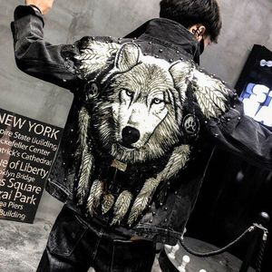 Yasuguoji Punk Stijl Roman Wolf Geborduurde Klinknagel Jean Jas Mannen Denim Jassen Streetwear Slanke Zwarte Jas Voor Mannen