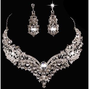 1 Set Strass Waterdrop Bruiloft Zilveren Sieraden Set Crystal Earring Hanger Ketting Bruids Sieraden Sets