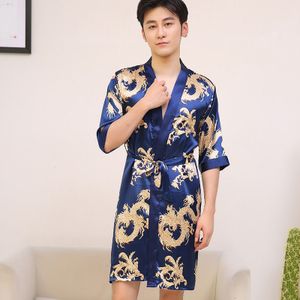 Zomer Mannen Gesimuleerde Zijde Draak Gedrukt Nachtjapon Leisure Medium Mouw Dunne Mannen Badjas Pyjama Gewaad Thuis Kleren