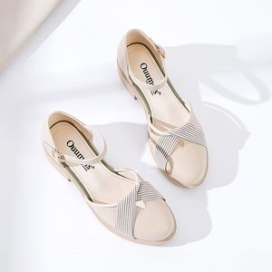 Lihuamao Zomer Vrouwen Vierkante Hak Sandalen Casual Med Hak Enkelbandje Mode Ronde Neus Elegantie Dame Sandalen Britse Stijl