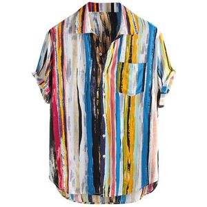 Pocket Gestreepte Shirt Heren Zomer Korte Mouw Multicolor Mannen Losse Single-Breasted Shirt Top Casual Strand