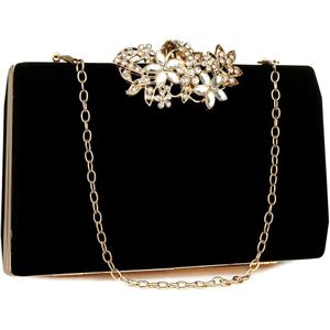 Europese Noble Lady Strass Avond Clutch Draagtas Bordeaux Zwart Gold Solid Vrouwen Schouder Ketting Suede Oppervlak