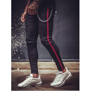 Zwarte Skinny Jeans Voor Mannen Classics Kant Streep Metalen Ketting Jeans Mode Moto Biker Potlood Broek Straat Tiener Cowboy Kostuum mannen