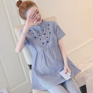 Moederschap Katoenen Shirts Korte Mouw O-hals Polka Dot Geborduurde Zwangere Vrouwen Kleding Lange Losse Pregnanct Blouses