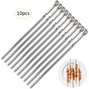 10 Stuks Lange Rvs Bbq Grill Bar Sticks Set Met Handvat Herbruikbare Barbecue Spiesjes Outdoor Camping #4W