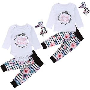 Familie Bijpassende Kleding Baby Girl Little Grote Zus Wedstrijd Kleding Jumpsuit Romper Broek Hoofdband Outfits Bloem Leuke Katoenen 3 Pcs