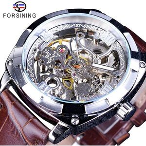 Forsining Horloge + Armband Set Combinatie Sport Zwart Zilver Open Werk Klok Lichtgevende Waterdicht mannen Automatische Horloges