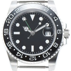 40Mm Gmt Horloge Zwart Steriele Wijzerplaat Rvs Silver Case Roterende Bezel Geen Band QQ2134