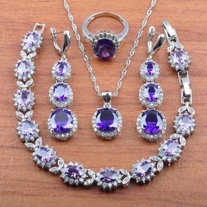 Natuurlijke Oostenrijkse Crystalsilver Kleur Sieraden Set Voor Vrouwen Paars Cz Oorbellen Ketting Hanger Ringen Armband Set JS0313