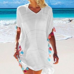 Vrouwen Strand Korte Tuniek Cover-Ups Vestidos Solid V-hals Zonnejurk Vintage Loose Party Bikini Cover