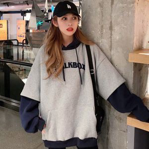 Hoodies Vrouwen Esthetische Dikkere Koreaanse Bf Ulzzang Borduurwerk Brief Lange Losse Truien Hooded Warm Studenten Dagelijks Womens