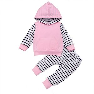 2 STUKS Pasgeboren Baby Jongen Meisje Winter Kleding Set Hooded Tops Gestreepte Broek Outfits