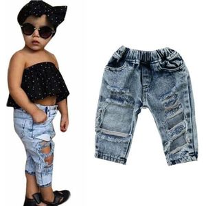 Peuter Kids Kind Meisjes Mode Denim Broek Stretch Elastische Broek Jeans Gescheurd Gat Kleding Baby Meisje 1-5T