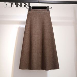 Beiyingni Herfst Gebreide Hoge Taille Rok Vrouwen Grote Maat Vintage Office Lady Faldas Casual Eenvoudige A-lijn Rokken Saia Midi Warm