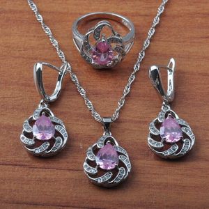 Bruiloft Sieraden Verzilverd Sieraden Sets Voor Vrouwen Roze Zirconia Brithday Oorbellen Hanger Ringen Set JS0634